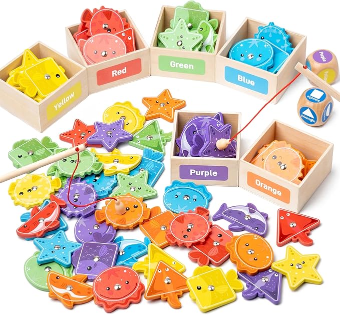 Busy edition Montessori Toys for Toddlers 1-3, Wooden Magnetic Fishing Games for Kids 3-5, Color Sorting Educational Toy for 3+ Year Old Boys Girls, Preschool Learning Toys for Toddlers 2-4 Years