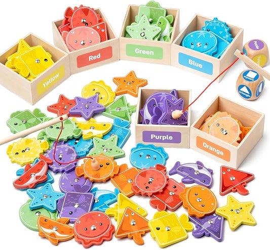Busy edition Montessori Toys for Toddlers 1-3, Wooden Magnetic Fishing Games for Kids 3-5, Color Sorting Educational Toy for 3+ Year Old Boys Girls, Preschool Learning Toys for Toddlers 2-4 Years
