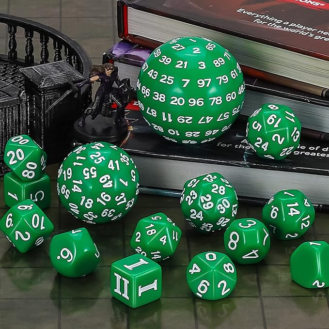 CiaraQ DND Polyhedral Dice Set (15pcs) D4-D100 Game Dice with Dice Bag for Dungeons and Dragons Role Playing Table Games (Green & White)