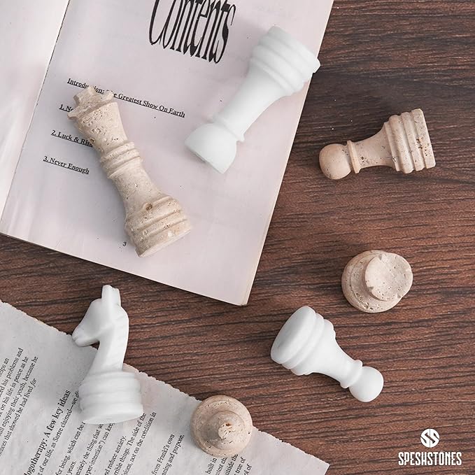 Marble Chess Pieces 3.5 Inch Travertine and White Stone Figures for Classic Chess and Checkers Board, Draughts & Travel Chess Set, Ideal Strategy Board Games for Adults & Family