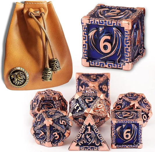 DND Dice Metal Dragon Set,Unique Dragon Design Dice with Gift Dice Bag for Dungeons & Dragon Games,Magic The Gathering,D and D D&D Dice Set (Copper Blue)