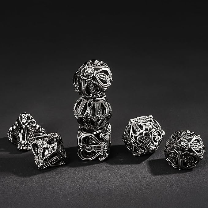 Cusdie 7-Die Metal Dice Set - Hollow Design with Bells - Crisp Sounding Gaming Dice in Tin Box - Perfect for Tabletop RPGs & Board Games(Ancient Nickel)
