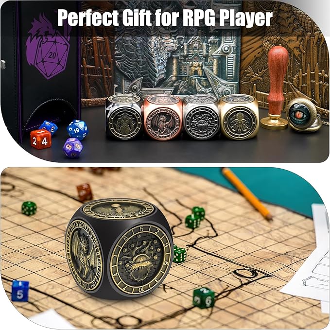 DND Spinner Dice, 7 in 1 Unique Metal Dice Set with 3D Relief for Dungeons and Dragons Gifts, Cool Polyhedral Role Playing Game Dice, Fantasy D&D Tabletop RPG Accessories for DM & Player (Black)