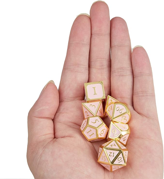 MIYUDAIS Polyhedral Metal Game Dice Cream Pink with Gold Trims 7pc Set for Dungeons and Dragons RPG MTG Table Games D&D Pathfinder Shadowrun and Math Teaching