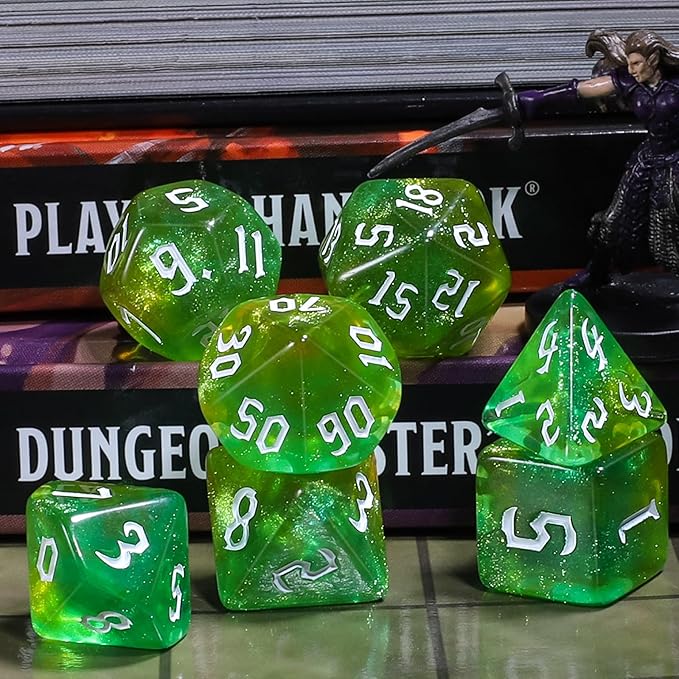 CiaraQ DND Polyhedral Dice Set for Dungeons and Dragons RPG MTG Role Playing Table Games-with 1 Dice Pouch (Green with Yellow + Glitter)