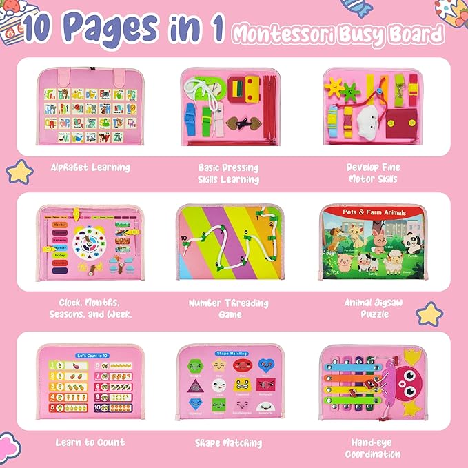 TenFans Montessori Busy Board for Toddlers 1-3 Years - Sensory Toys for Fine Motor Skills - Educational Activities & Travel Toys for Car & Airplane - Gifts for Girls