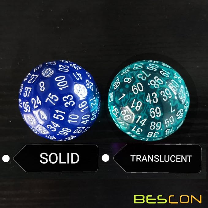 Bescon Translucent Polyhedral Dice 100 Sides Dice, Transparent D100 die, 100 Sided Cube, D100 Game Dice,100-Sided Cube of Teal