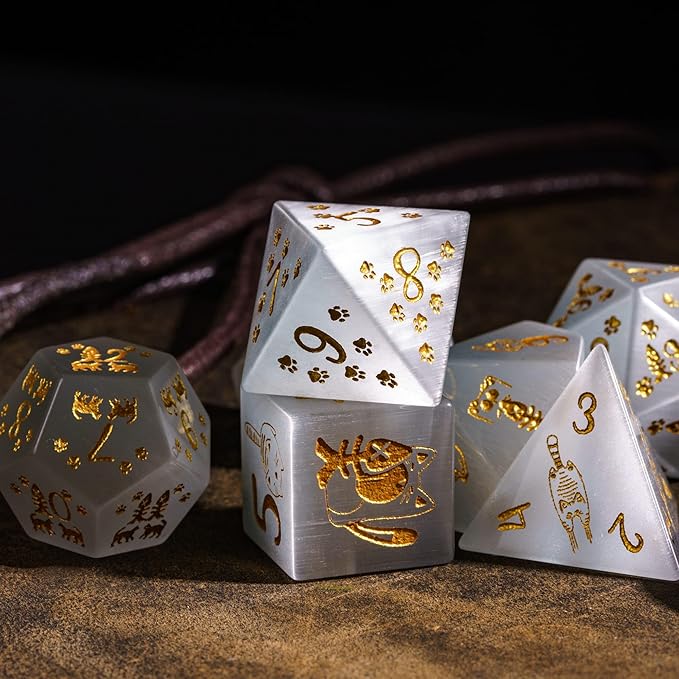 UDIXI Gemstone Dice Set 7PCS Stone DND Dice with Gift Case for Dungeons and Dragons Tabletop Game (Cat's Eye Stone)