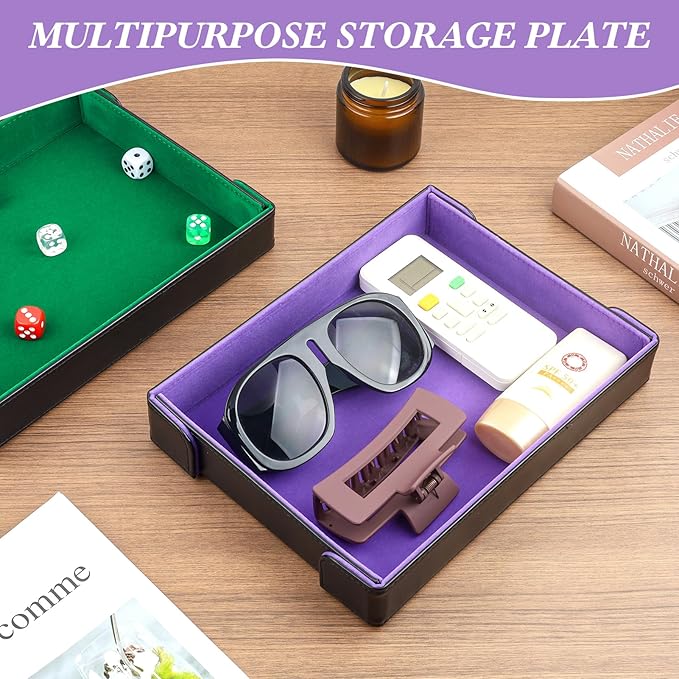 PU Leather Dice Tray Magnetic Folding Dice Rolling Mat with Purple Felt Lining for Dice Games Portable Tabletop Board Games Tray