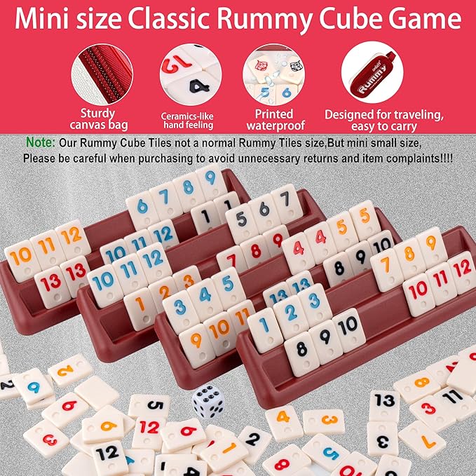 Smilejoy Mini Rummy Cube 4 Players Edition,Travel Rummy Game Set with Portable Canvas Bag,Classic Board Game for Adults and Kids |106 Tiles | 4 Playing Racks |1 Dice | (2-4 Player) ﻿