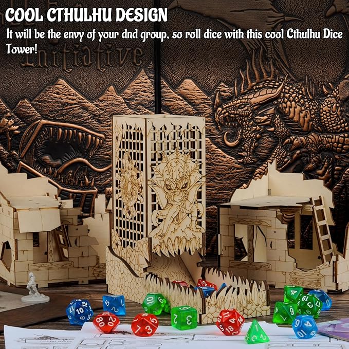 CZYY Dice Tower with Tray Wood Laser Etched Mind Flayer Portable and Collapsible Dice Roller Perfect for Board Game and Tabletop RPG (Cthulhu)