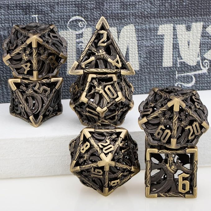 Hollow DND Dice Set Metal Wizard Dice with Box, 7pcs Bronze Polyhedral D and D Dice for use with D&D RPG Tabletop Games Role Playing Game