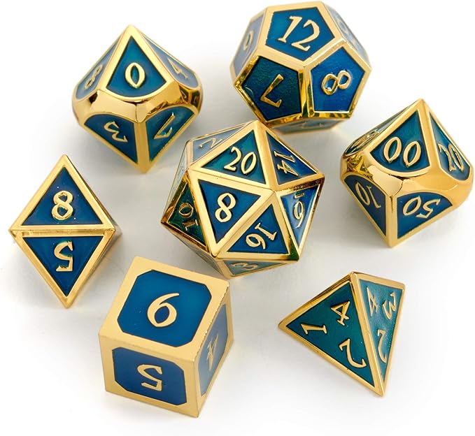 Metal DND Dice Set Blue/Gold Polyhedral Dice with Polished Tin Carrying Case for Table Top Games D&D Dungeons and Dragons Role Playing Games