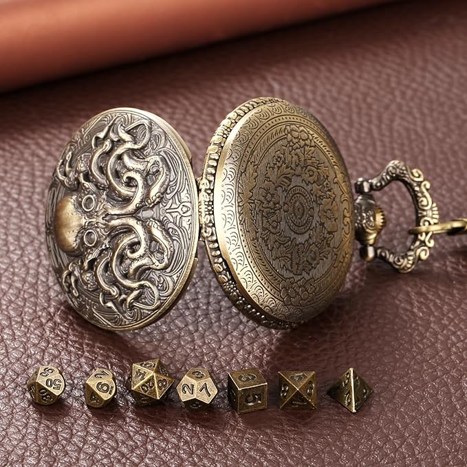 Mini DND Dice Set with Steampunk Double Eyed Octopus Pocket Watch Case, Tiny 7PCS Polyhedral Metal D&D Dice, DND Gifts with Gift Box, Role Playing Game Board Game Accessories Dice, Bronze