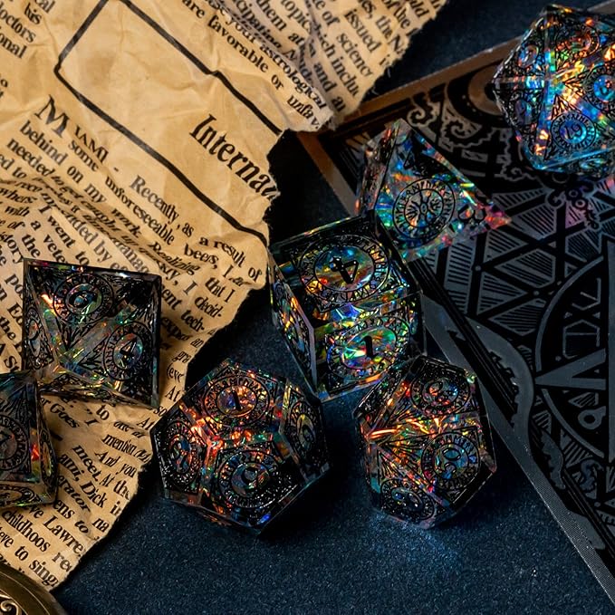 Cusdie Sharp Edges Dice DND, 7 PCs D&D Dice, Handcrafted Polyhedral Dice Set, for Role Playing Game Pathfinder (Black Pattern)