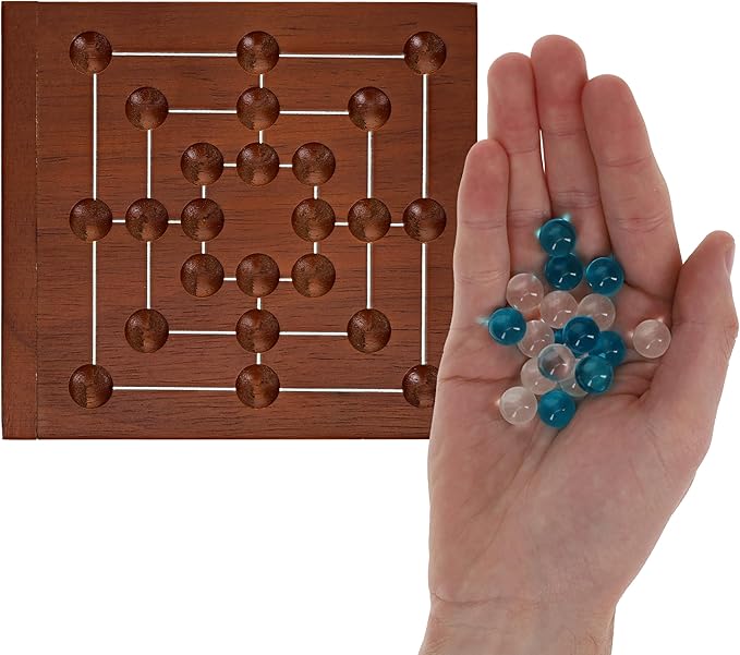 WE Games Nine Men's Morris Board Game, 5 inch Travel Size - Solid Wood Board with Magnetic Closure, 9 Clear & 9 Blue Marbles, Classic 2-Player Strategy Game for Adults, Perfect for Game Nights