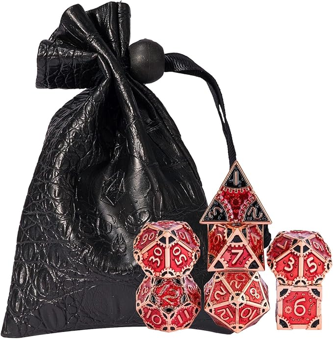 UDIXI Metal DND Dice Set, 7-Die Polyhedral D&D Dice Set for Dungeons and Dragons Role Playing Game, d and d (Red Copper-Red Black)