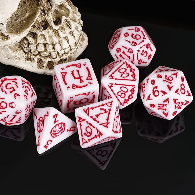 7-Die DND Dice Set Halloween Pattern Polyhedral Dice Set with Leather Bag, Skull Die D&D Die for Dungeons and Dragons RPG Table Games (Halloween Pattern-White/Red Number)