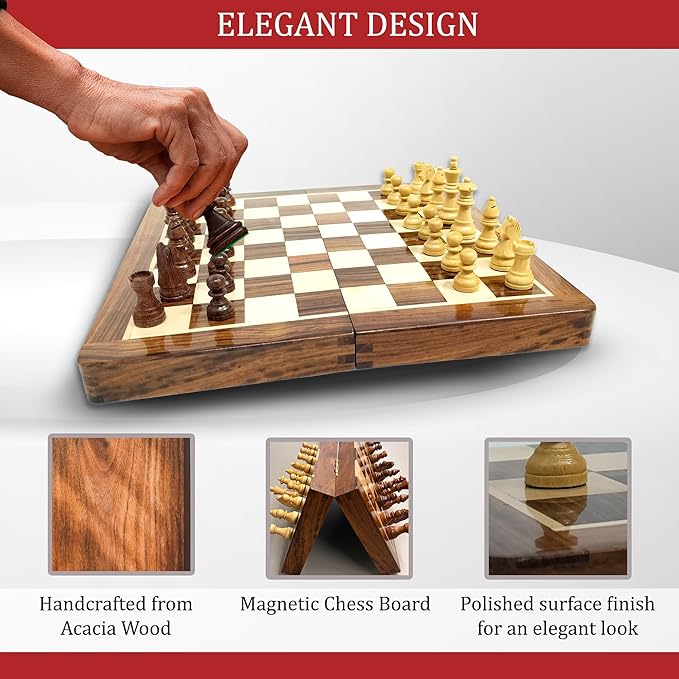 Magnetic Wooden Chess Board Set 12 Inches with 2 Extra Queens | Folding Board - Pieces Storage Slots, Handmade Portable Folding Travel Vintage Chess Game | for Individuals Above 15 Years and Above