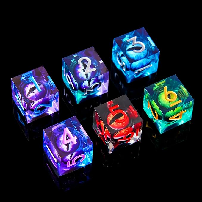6 Pcs D6 DND Dice Dragon Eye 18mm Liquid Core 6 Sided Dice,Colored Dice Set Resin Sharp Edge D&D for Dungeons and Dragons, RPG, Board Games,Parties,Classroom Math Games