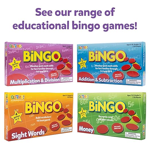 QUIZMO Addition & Subtraction - Bingo-Style Math Game - 2 Game Modes for Ages 6-10 - Teach Basic Mathematics