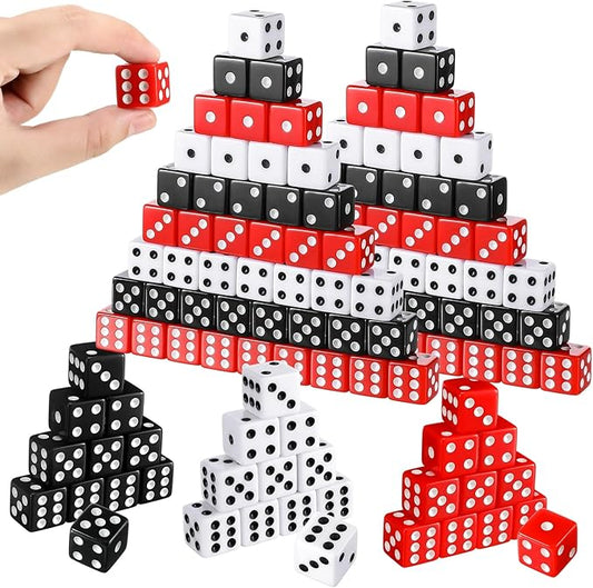 Poen 150 Packs Standard Game Dices Bulk 16mm Acrylic Casino Dice D6 for Board Activities, Birthday Party Supply(Black, Red, White,Square Corner)