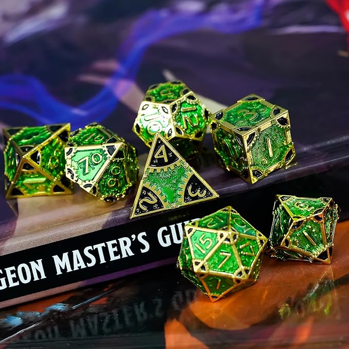 UDIXI Steampunk Metal Dice Set: 7 Die Polyhedral DND Dice Set D&D Dice for Dungeons and Dragons Role Playing Game (Gold-Green Black)