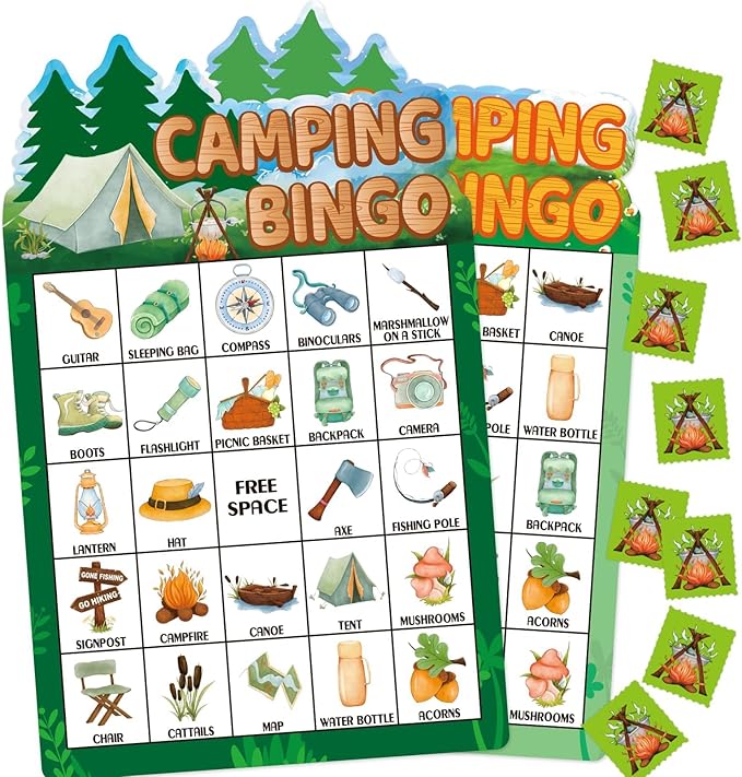 Fancy Land Camping Bingo Game for Kids 24 Players Die Cut Outdoor Adventure Game Summer Graduation Party Supply