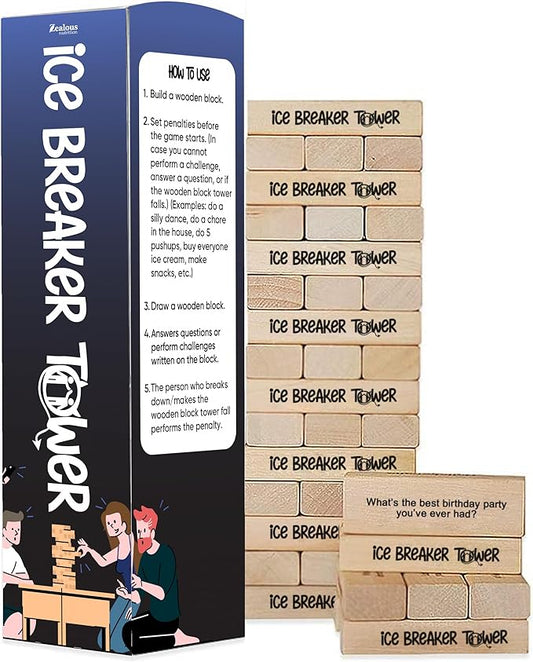 Ice Breaker Tower Questions Tumbling Tower Game - For Everyone - 54 Fun Conversation Starters - Great Family Games For Kids And Adults - Coworkers, Friends, Date Night & Relationship Game Night Fun
