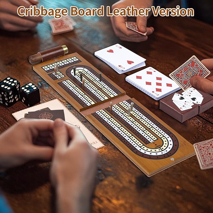 Cribbage Board Game Set,Solid Wood 3 Track Cribbage Board, 9 Metal Pegs,2 Decks of Playing Cards,Leather Travel Cribbage Board Travel Games,Portable