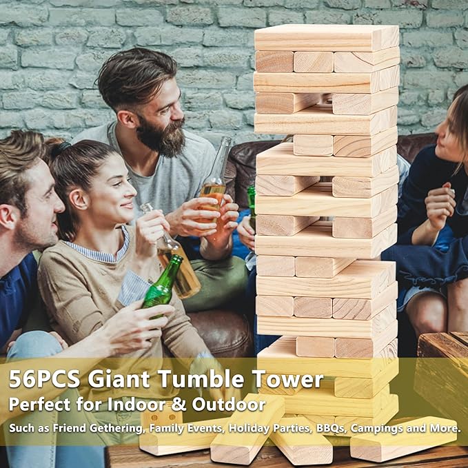 Giant Tumbling Timber Games, 60 Blocks Large Tower Outdoor Game - Includes Carry Bag and Scoreboard, Wood Stacking Backyard Game Grows Up to 5FT for Kids Adults Family