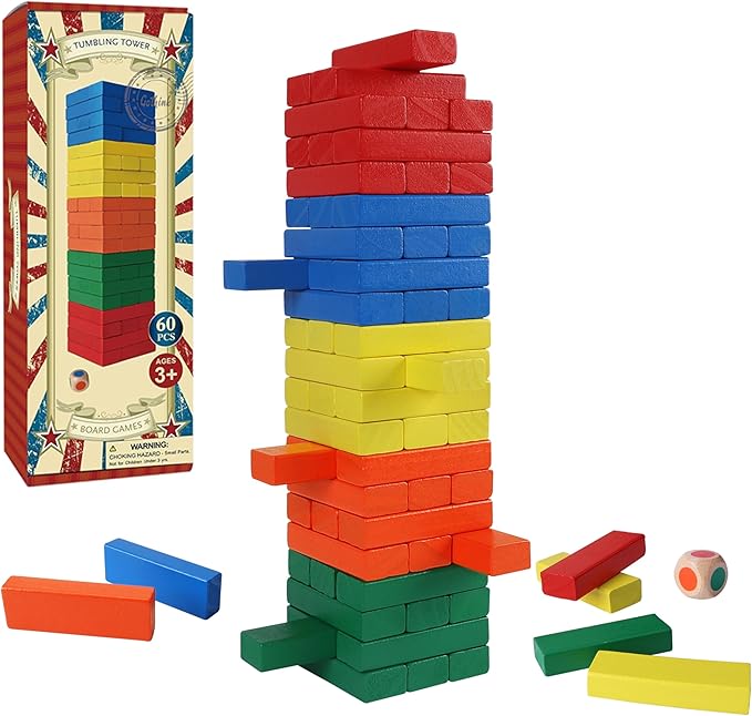 GOTHINK Tumble Tower Game for Kids and Adults, 60pcs Wooden Stacking Board Games Building Blocks for Kids and Family Games Night, Colorful Wood Balancing Blocks Game