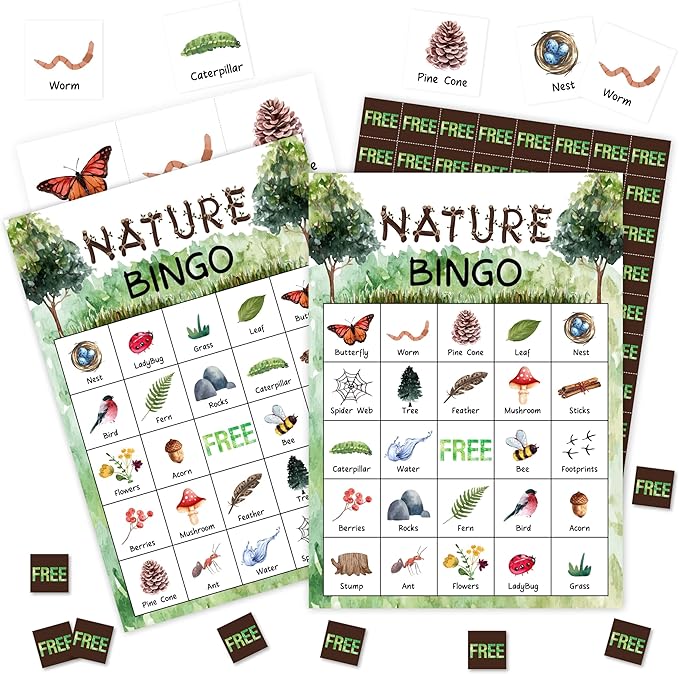 Nature Games Bingo Cards, Outdoor Camp Theme Game for Family Friends, Large Multiplayer Group Activities, Camping Party Birthday Favors Gifts -04