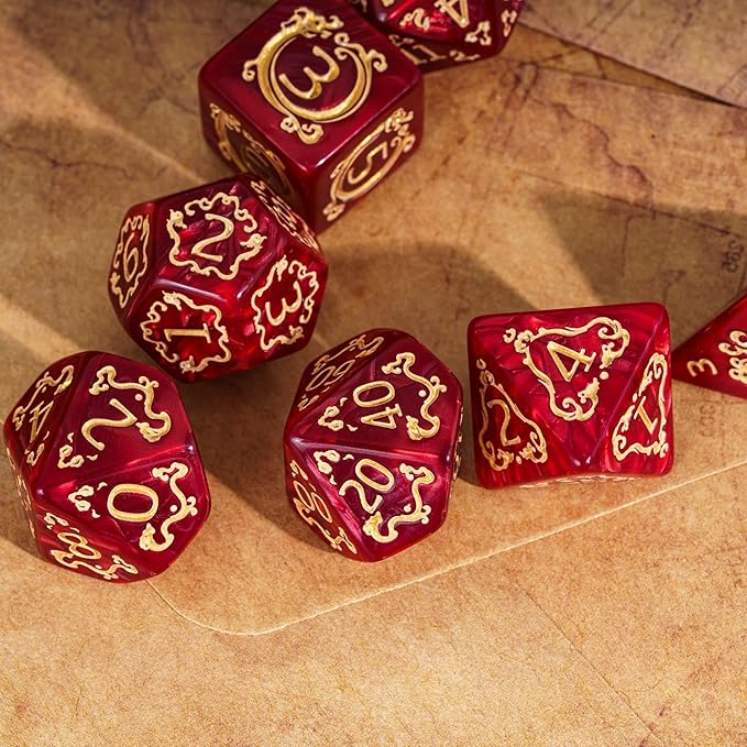 7-Die DND Dice Set Dragon Pattern Polyhedral Dice Set with Leather Bag D&D Dice Set for Dungeons and Dragons RPG MTG Table Games (Red W/Gold Dragon Pattern)