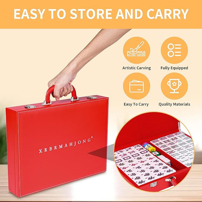 Large 1.5" American Mahjong Set with Red Leather Case,166 Quality Tiles,Jade White/Antique Ivory Luxury Game for Family Nights/Collector Gifts (Racks and Pushers not Included) (Jade White)