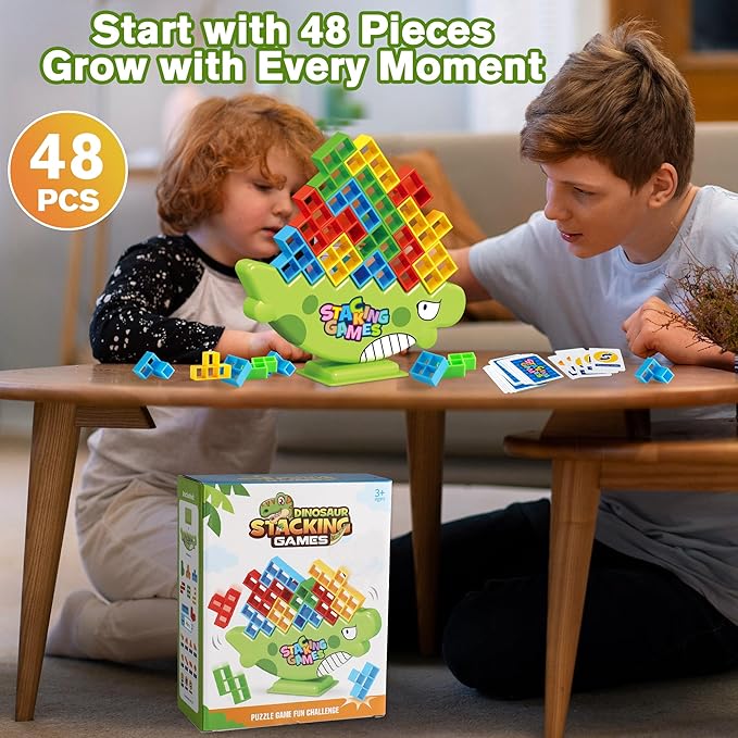 Stacking Balance Game for Kids & Adults - 3D Colorful Dinosaur Blocks 48PCS, Fine Motor Skill Development Toy, Retro Block Puzzle-Inspired Board Game, Gift for Ages 3+