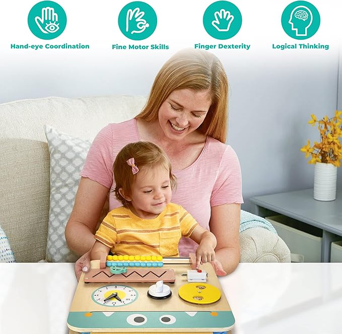 17 for 1 Wooden Busy Board for Kids, Montessori Toys for 2 3 4 Years Old, Eduacational Activity Sensory Board, Multifunctinal Learning Toys for Toddlers Age 2-4, Fine Motor Skill