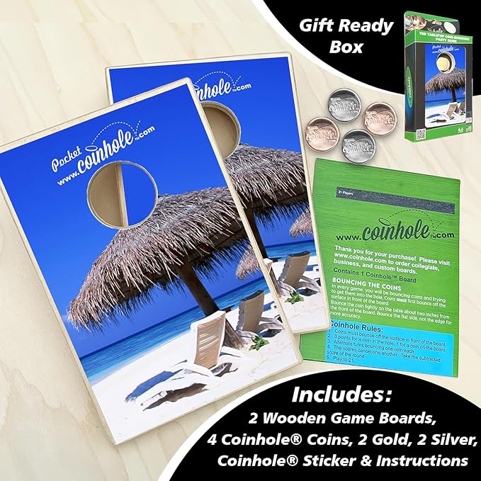 Desktop Coin Bouncing Party Set | Tabletop Cornhole Board | Small Travel Game Includes Coins