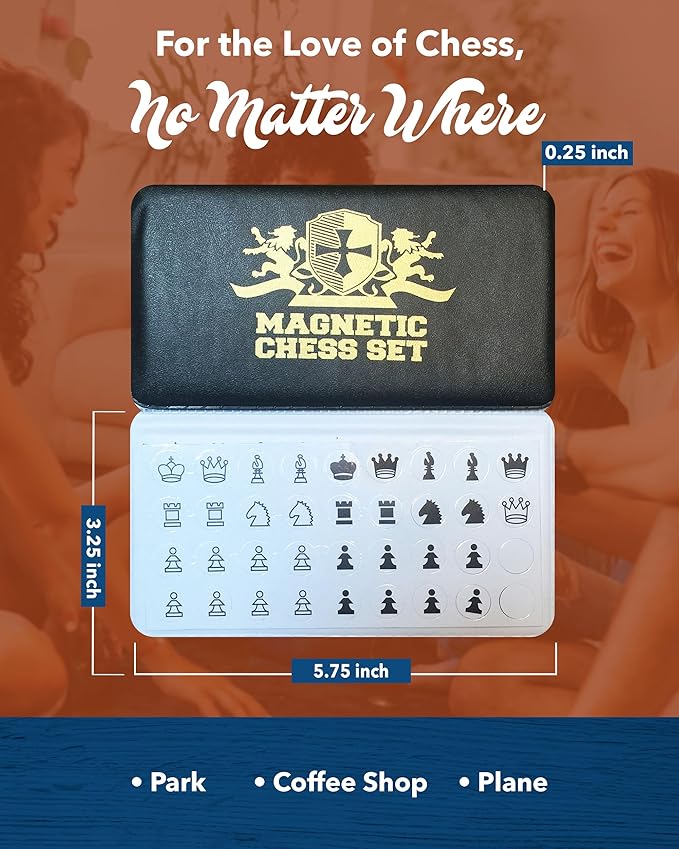 WE Games Mini Magnetic Travel Chess Set – 6-Inch Foldable Board with Durable Vinyl Pieces & Extra Queens– Indoor & Outdoor Magnetic Chess Game - Gold Logo