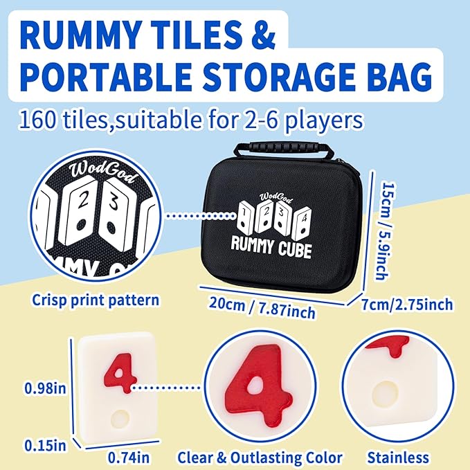 6 Player Travel Rummy Cube Game Set, Travel Size Rummy Cube Game, Mini Rummy Cube Game with 160 Mini Tiles,6 Racks,1Timer,1 Portable Case for Family Classic Party Game