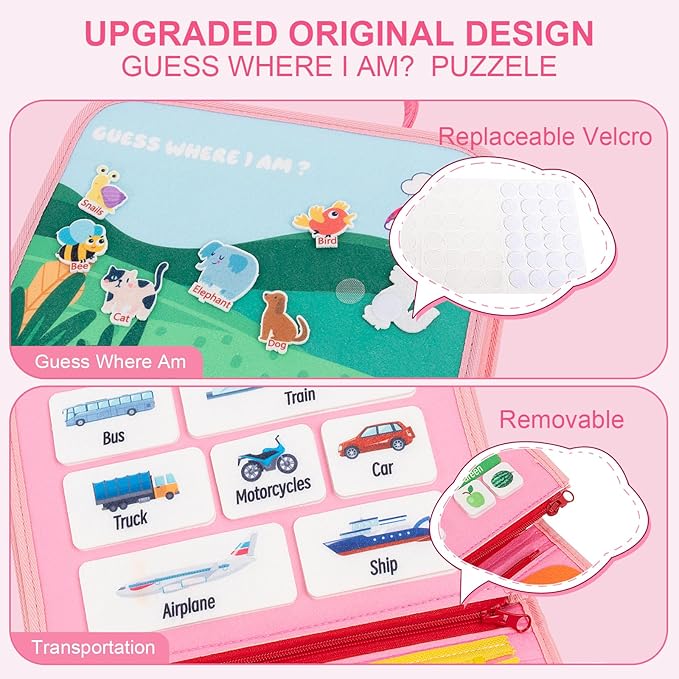Pink Toddler Busy Board Montessori Toys for 1-3 Year Old Girl Birthday, Educational Activities Developing Sensory Board with Life Skill, Travel Toys for Plane Car