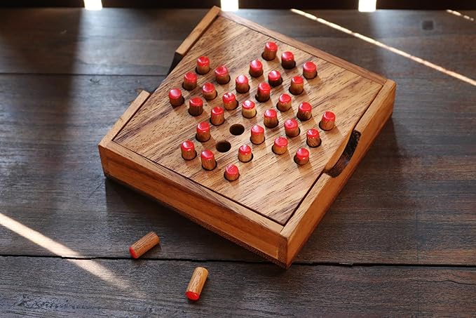 Wood Solitaire Game Classic Peg Solitaire Board Premium Wooden Design Single Player Brain Teaser Strategy Puzzle for Brain Training Tabletop Indoor (Jump All but one)