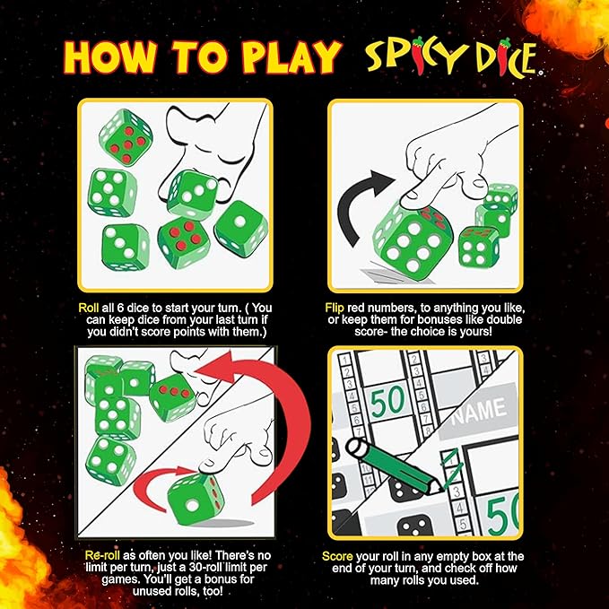Teal - Like Card and Board Games? Like Farkle, Tenzi, LCR & Yacht? You'll Love Spicy Dice, with red dots for Wild or Double Score. Great for Travel.