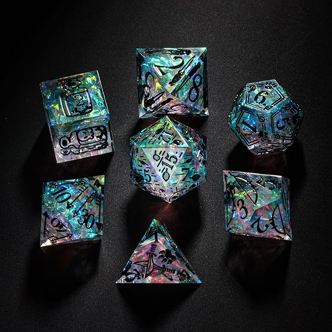 Cusdie 7-Die Sharp Edges DND Dice Set, Ranger Pattern Polyhedral D&D Dice Set for DND Dungeons and Dragons TTRPG Role Playing Games(Transparent w/Black Ranger Pattern)