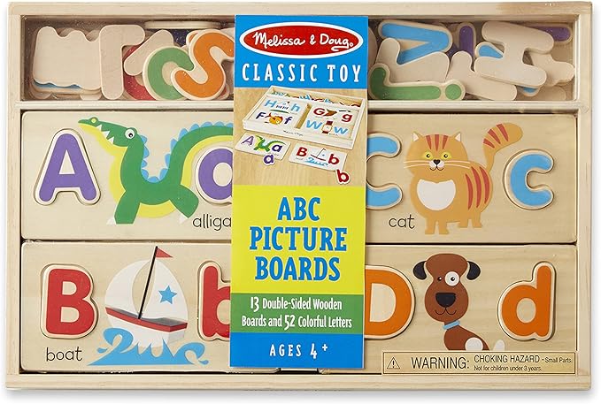 Melissa & Doug ABC Picture Boards - Educational Toy With 13 Double-Sided Wooden Boards and 52 Letters , White