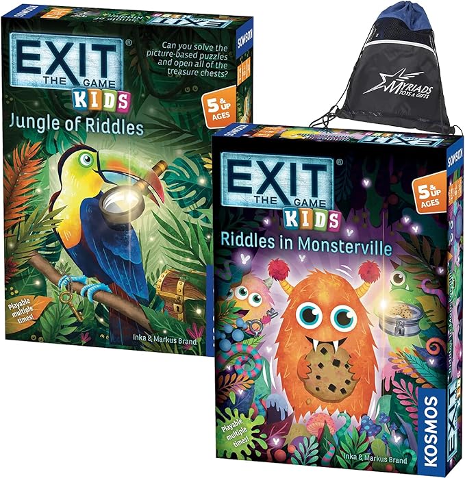 Thames & Kosmos Exit: The Game Kids Bundle - Riddles in Monsterville and Jungle of Riddles with Exclusive Drawstring Bag