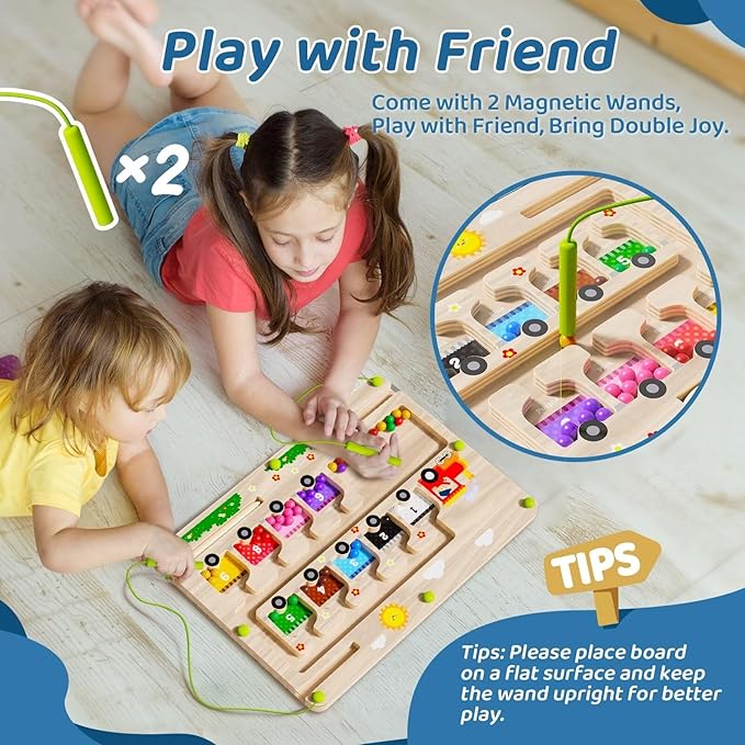 2 in 1 Magnetic Color and Number Maze + ABC Alphabet Tracing Board, Wooden Montessori Toys for 2 3 4 5 Year Old, Preschool Learning Activities, Christmas Birthday Gift for Toddler Boys & Girls