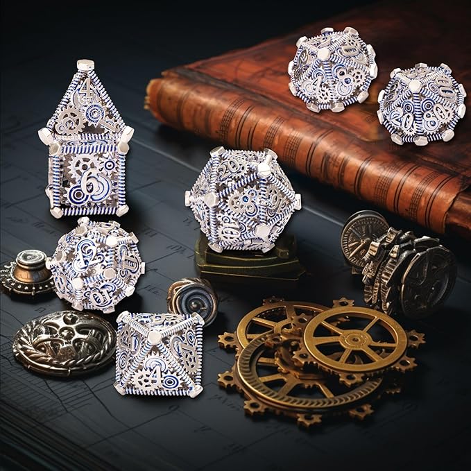 DND Metal Dice Set, UBEUCK 7PCS Gear Metal DND Dice Set for Dungeons & Dragons Board Games Boxes (Gear Blue)