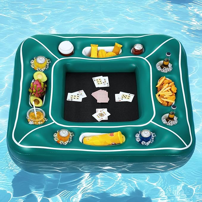 WERNNSAI Floating Pool Card Table Inflatable Drink & Snack Holder with Waterproof Playing Cards 40” Floating Game Tray for Pool or Beach Party Summer Fun Accessory for Adults & Family