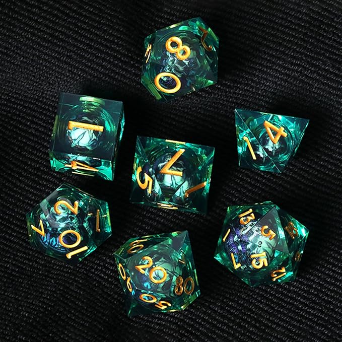Handmade Skull Resin DND Dice Set 7-Piece Sharp Edge Polyhedral Dice for RPG & Dungeons and Dragons (Green Gold)